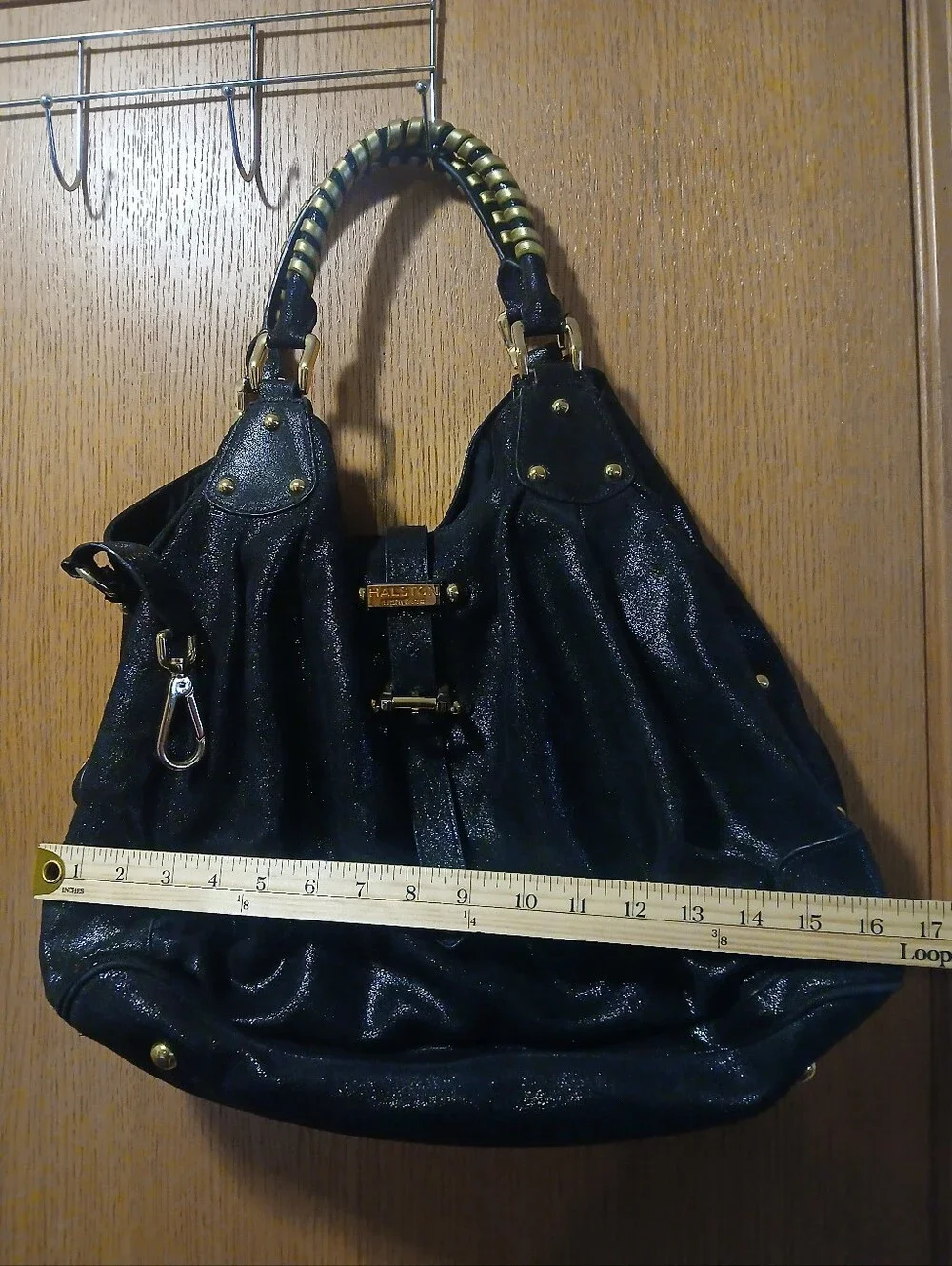 Halston Heritage Black Shimmer Leather Slouchy Hobo Bag - Gold Hardware